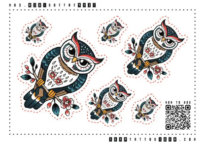 Traditional Owl Multi-Size Temporary Tattoo Sticker