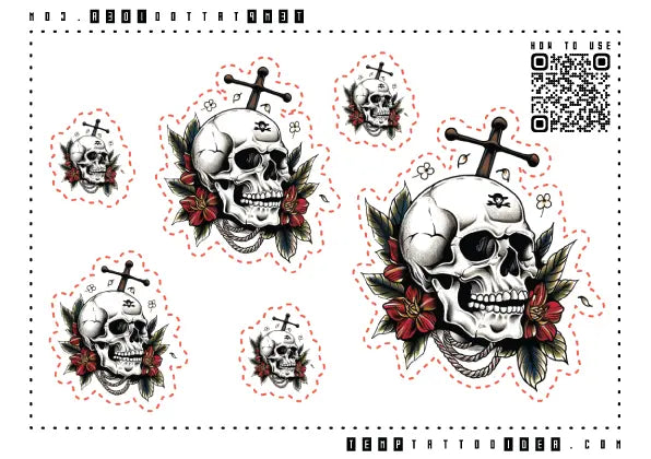 Traditional Skull Floral Multi-Size Temporary Tattoo Sticker