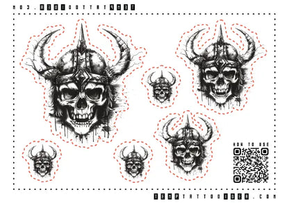 Viking Skull Sketch Multi-Size Temporary Tattoo Sticker